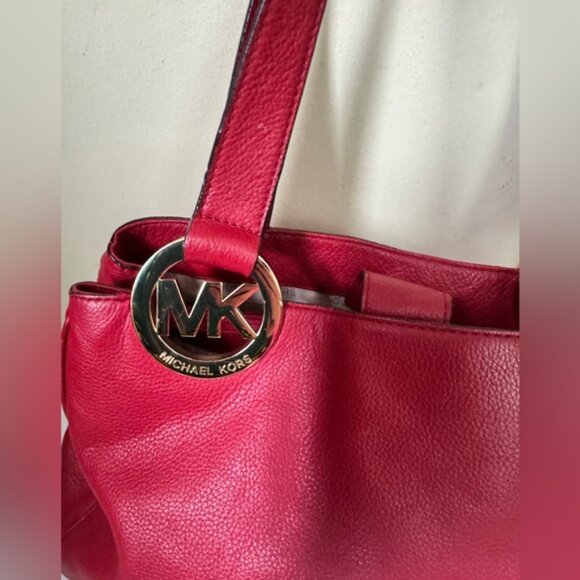 Michael Kors Leather Fulton East West Shoulder Tote Bag Satchel Compartments Red - Picture 14 of 16